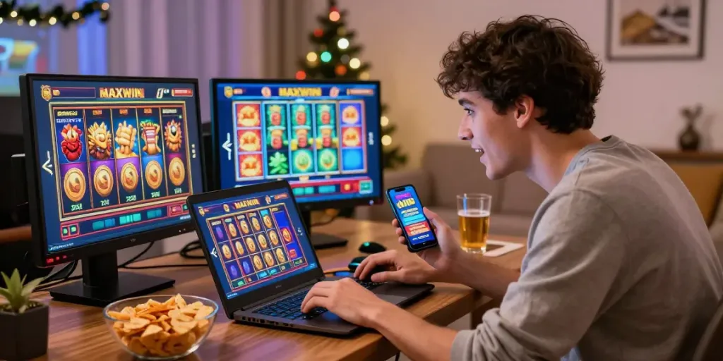 Player enjoying slot maxwin games at home with digital devices and festive snacks.