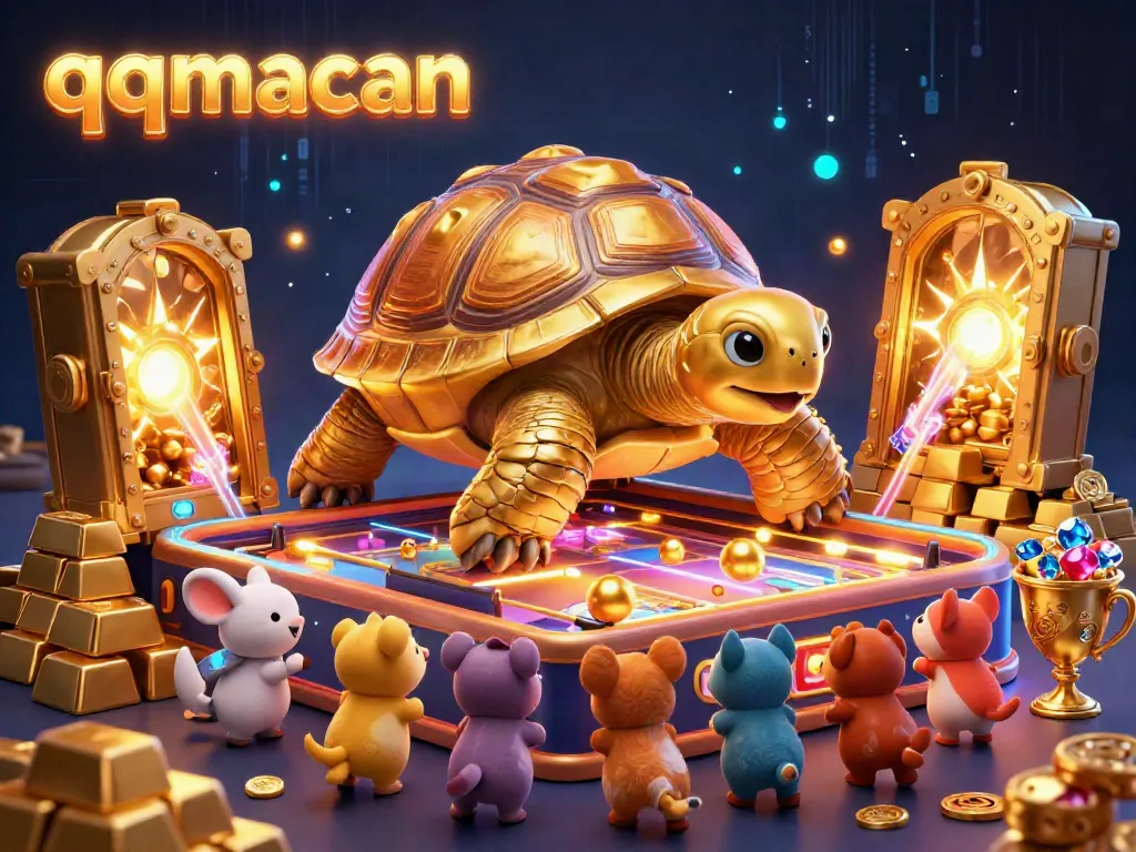 Exciting scene with qqmacan's golden tortoise pinball machine surrounded by treasure, engaging players in a vibrant casino atmosphere.