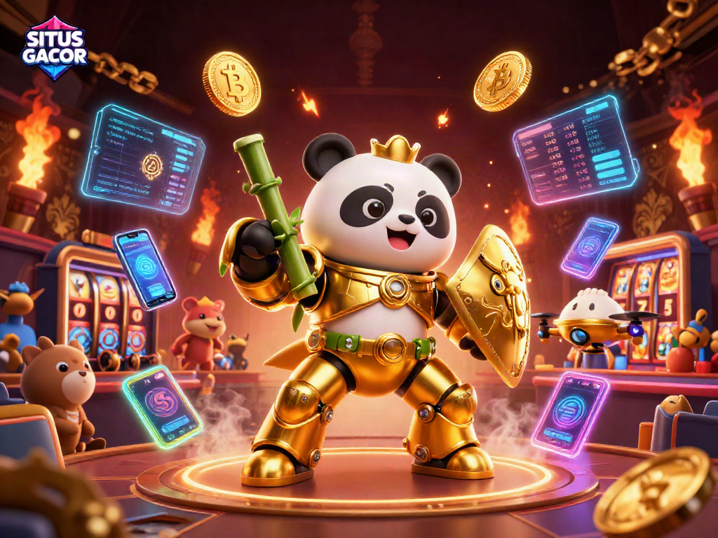 SITUS GACOR showcases a thrilling casino scene with a mech-suit panda in action, surrounded by vibrant crypto elements.