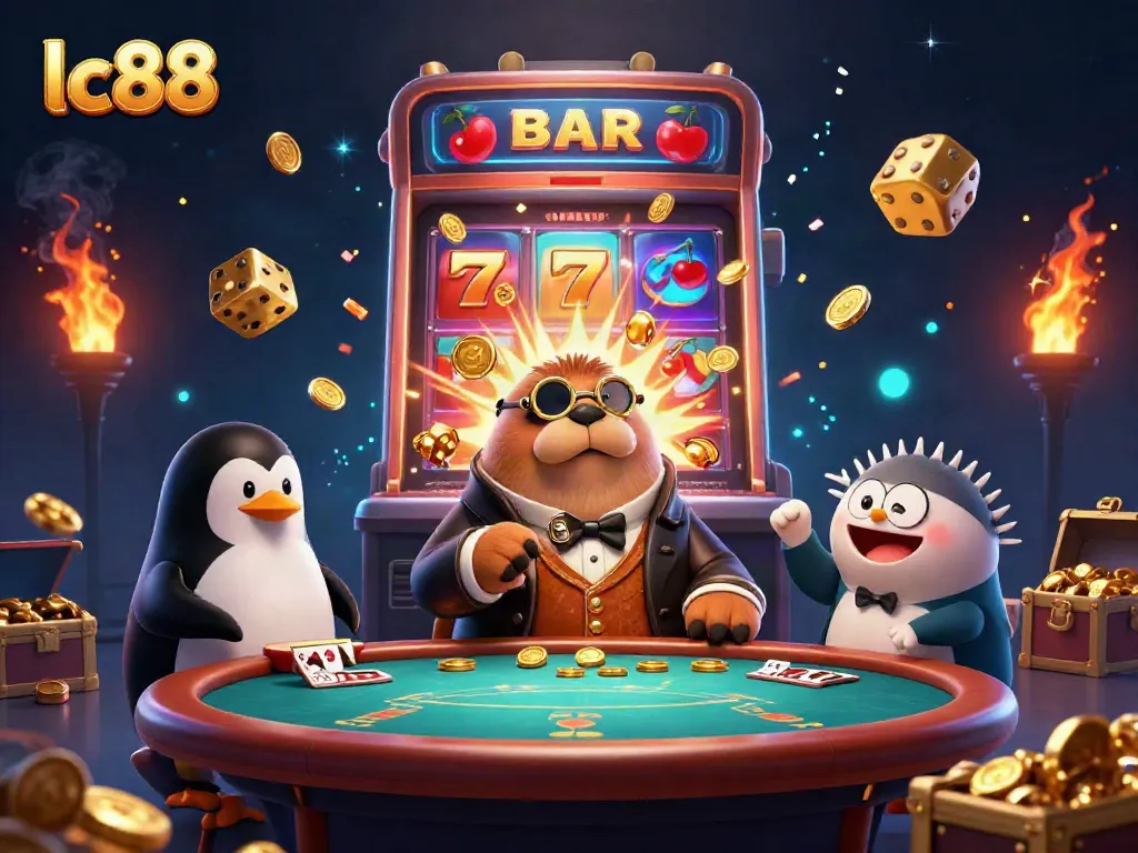 Immerse in the exciting lc88 underwater casino scene with a walrus and penguin dealer amidst vibrant gaming elements.