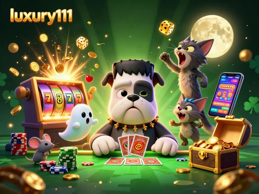 Play casino games with excitement at luxury111, featuring a vibrant 3D illustration of a bulldog dealer.