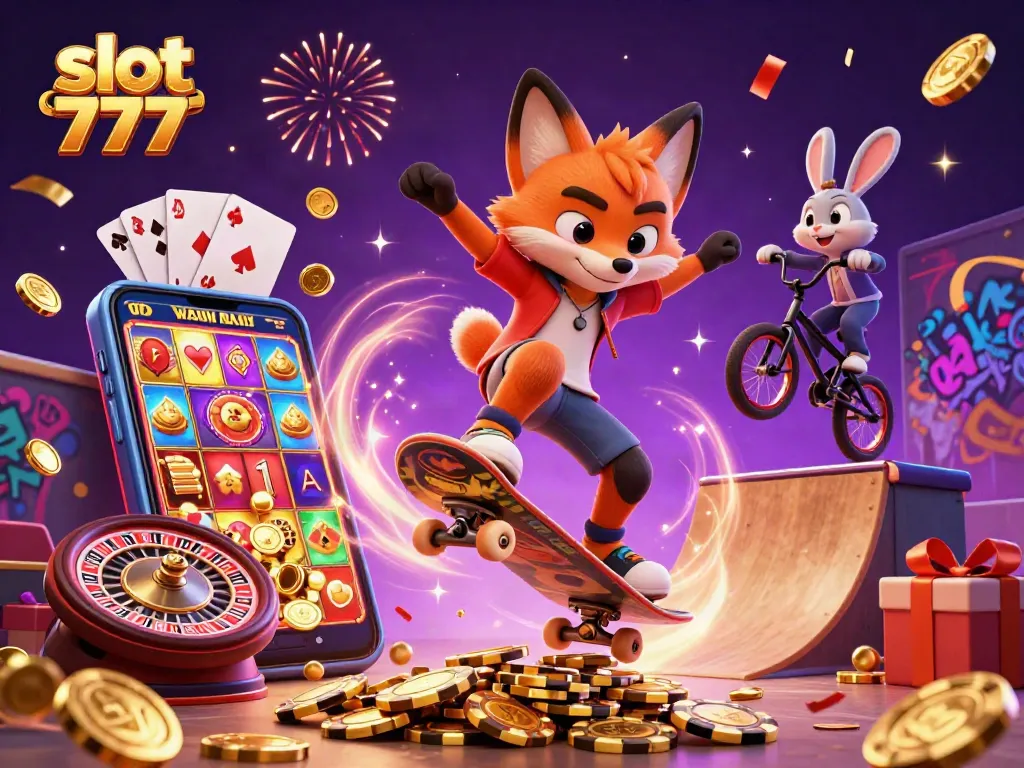 Permainan slot 777 gacor diilustrasikan dengan seorang rubah dan kelinci di latar belakang kasino.