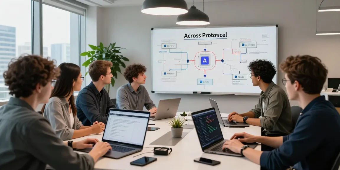 Developers collaborating on acrossprotocol technology in a dynamic blockchain workspace with modern design elements.