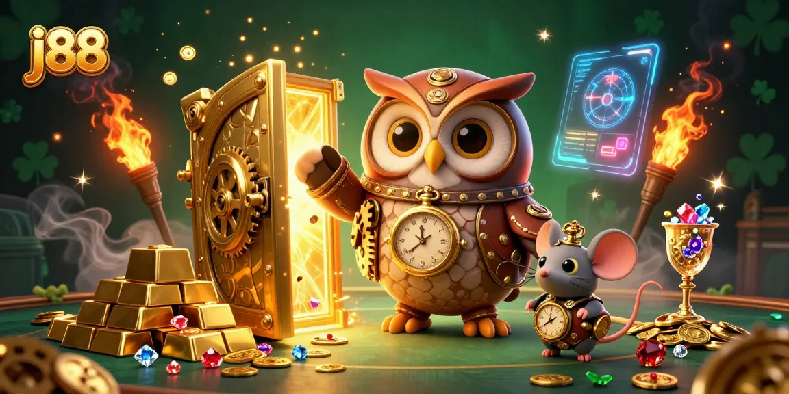 Experience the thrilling world of j88 with a vibrant 3D illustration featuring a time-traveling owl and gold treasures.