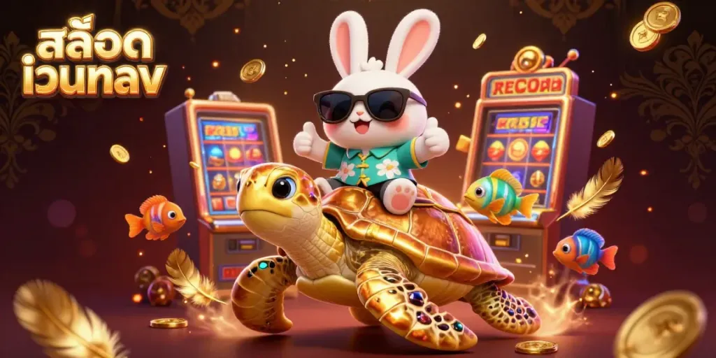 Experience thrilling gameplay with an adorable lucky rabbit and golden sea turtle in this สล็อตเว็บตรง scene.