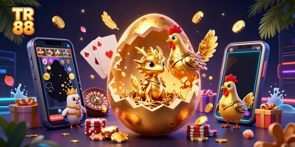 Experience the excitement of TR 88 with a golden dragon amidst vibrant casino elements