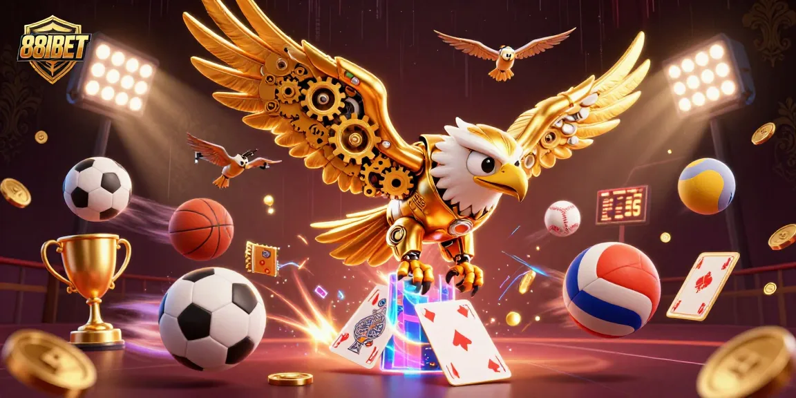 Engage with 88IBET's vibrant gaming universe featuring a golden eagle amidst dynamic sports elements and holographic cards.