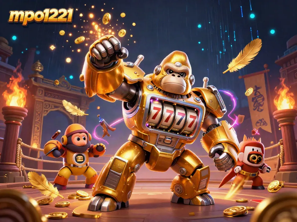 MPO1221 golden gorilla mech illustration showcases dynamic slots action with rich gaming elements.