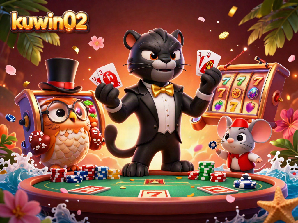 Engage in action with kuwin02 where a panther, owl, and mouse celebrate a jackpot in a vibrant casino.