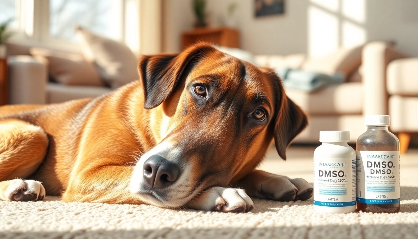 Dog resting comfortably after DMSO for dogs treatment in a cozy home setting.