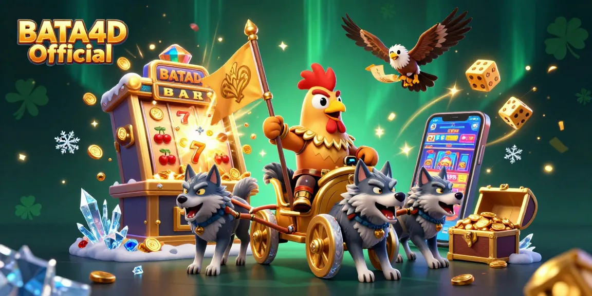 BATA4D Official showcases a dynamic scene with a cartoon rooster warlord and captivating casino elements.