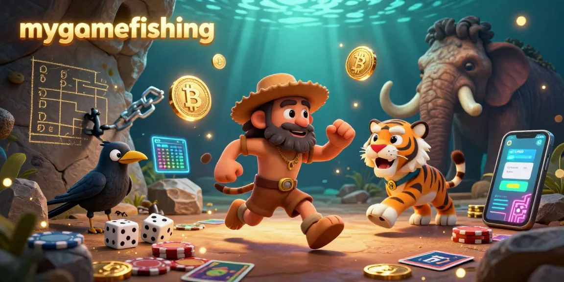Experience mygamefishing in this vibrant casino scene with cavemen and crypto elements.