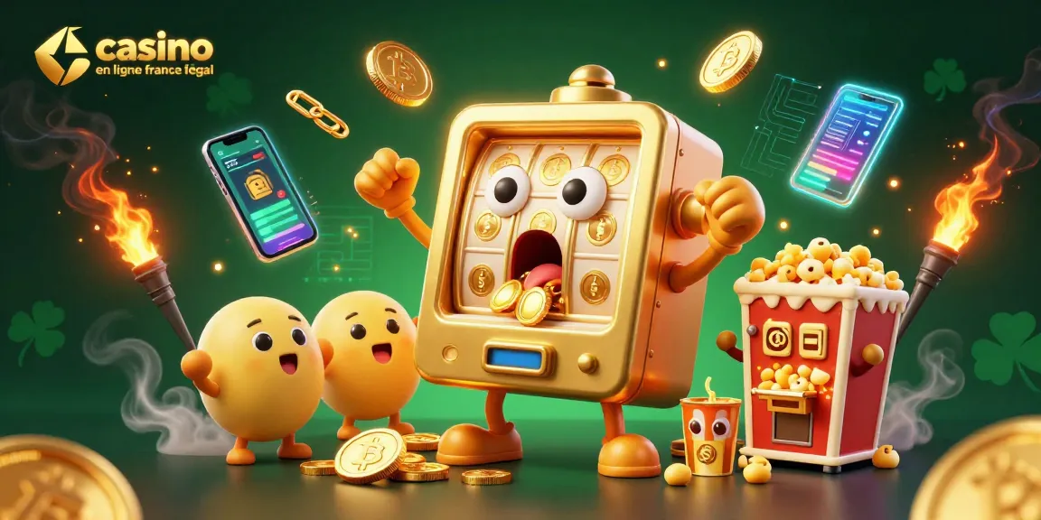 Gagnez au casino en ligne France légal avec cette illustration d'une machine à sous dorée tombant sur un jackpot.