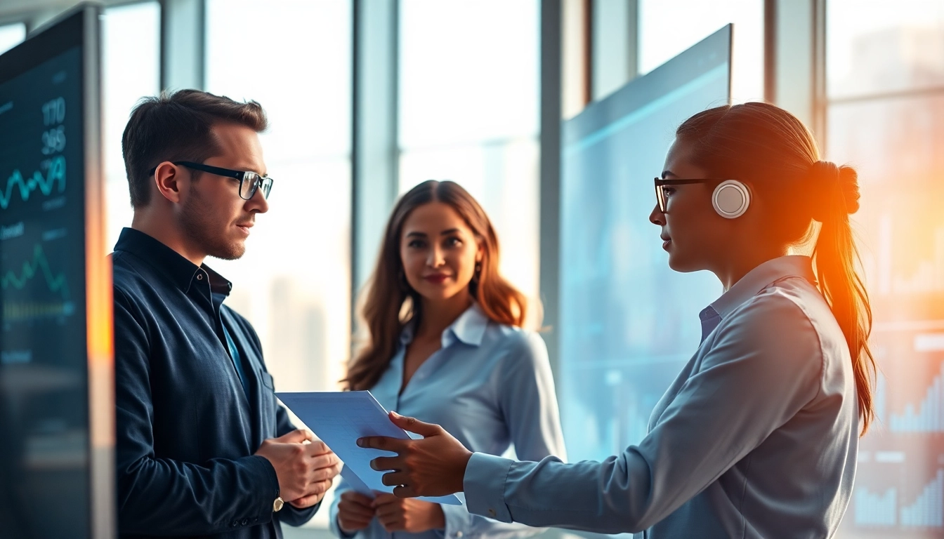 AI agents collaborating in a modern office with digital screens and data.
