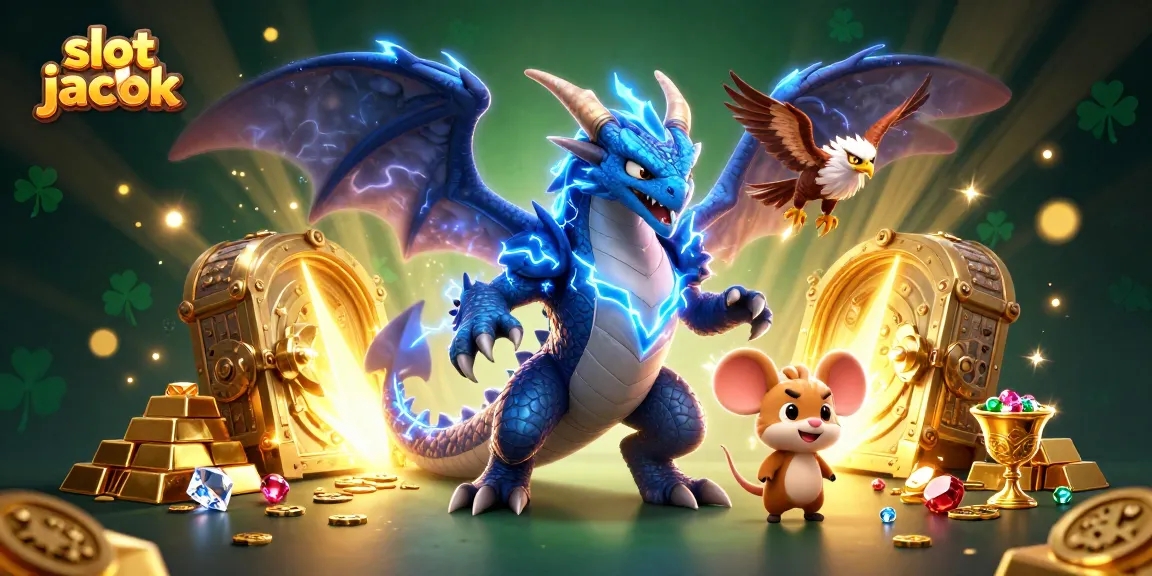 Menggenggam slot jackpot yang menggembirakan dengan simbol berkilau dan karakter yang menarik dalam gambar ilustrasi 3D.
