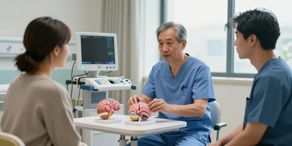 Beyin ameliyatı consultation in a modern hospital environment, neurosurgeon discussing procedures with a patient, anatomical models surrounding.
