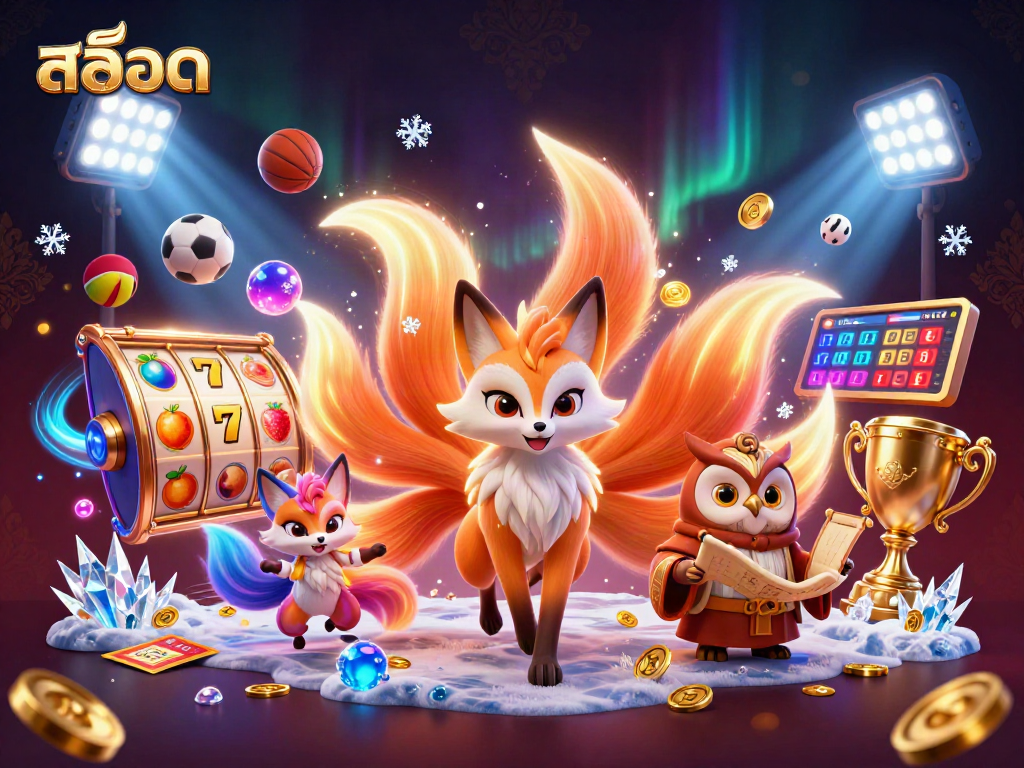 Engage in สล็อต gaming with dynamic slot reels and vibrant 3D characters amidst festive sports elements.