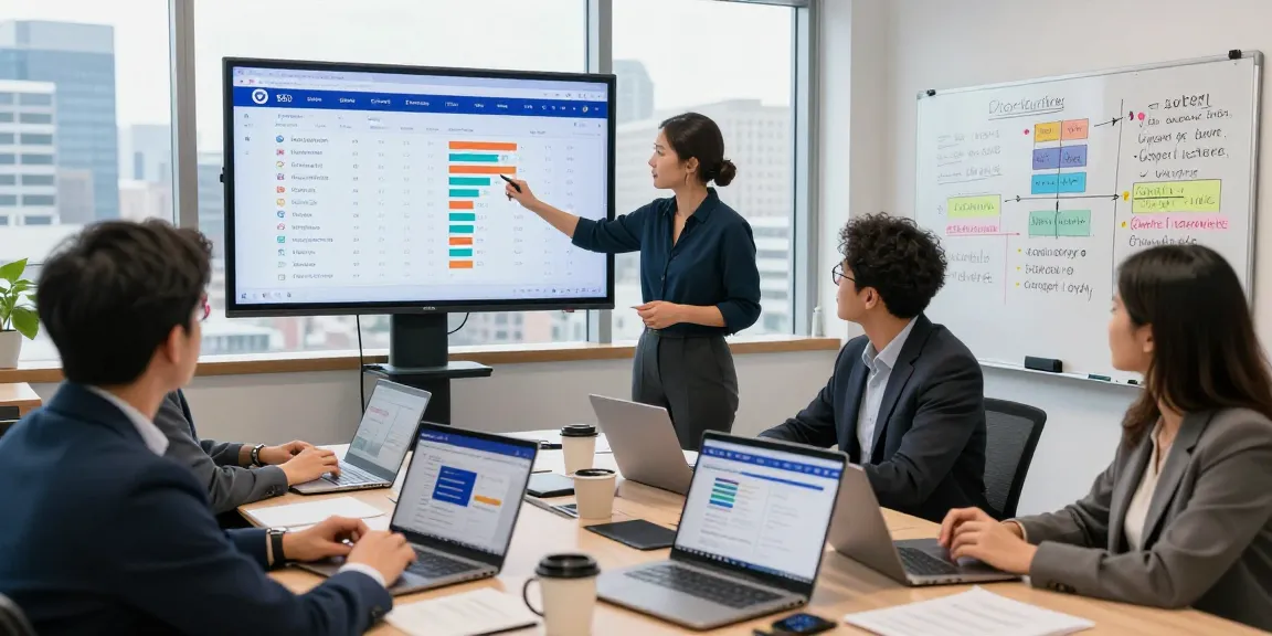 Campaign team discussing candidate reputation management strategies with voter data analytics in modern office.