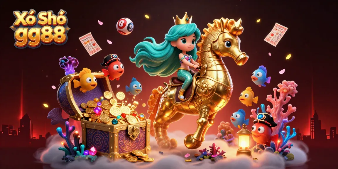 Xổ Số gg88 lottery scene showcasing a mermaid and seahorse amidst vibrant gambling elements.