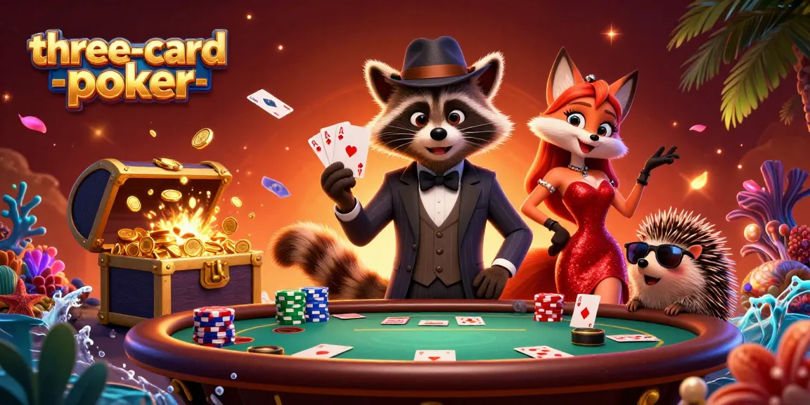 Experience the thrill of three-card-poker with a suave raccoon and enchanting characters at a vibrant casino scene.