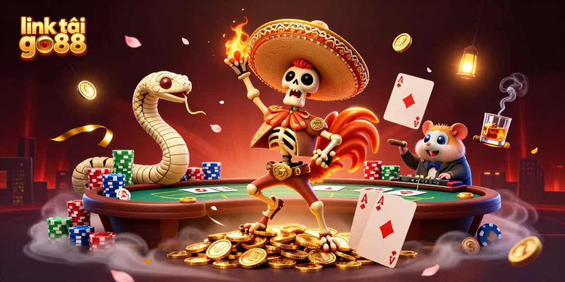 Win big with link tải go88 as a skeleton mariachi rooster celebrates on golden coins.