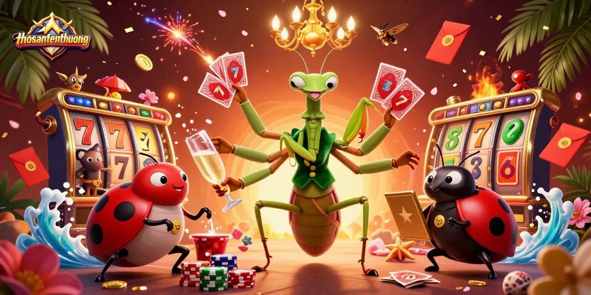 Engage in thrilling gameplay with thosantienthuong as the praying mantis card sharp orchestrates a vibrant casino scene.