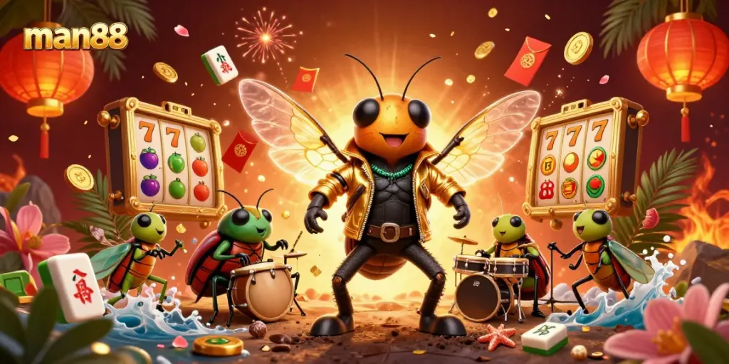 Experience thrilling gameplay at man88, with a vibrant 3D casino scene featuring dynamic slot elements.