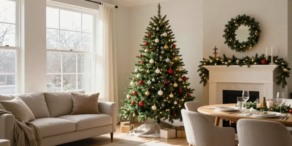 Skinny Christmas tree shining with lights in a cozy holiday living room.