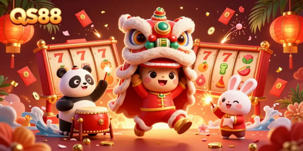 Experience thrilling gaming at QS88 with vibrant lion dance festivities and rich casino elements.
