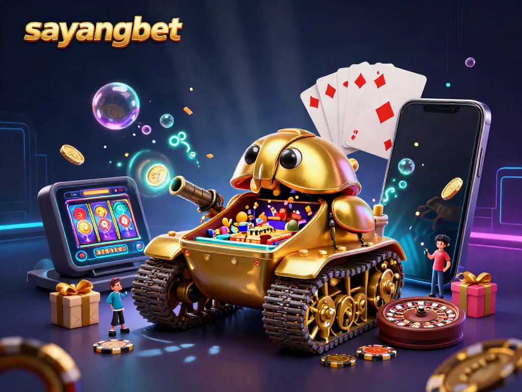 Experience the excitement of sayangbet with a vibrant casino scene featuring a golden beetle tank and slot games.
