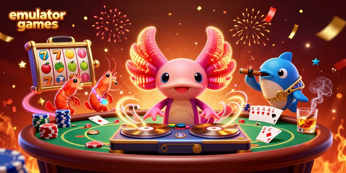 Experience thrilling emulator games with a vibrant casino party featuring a neon axolotl DJ.