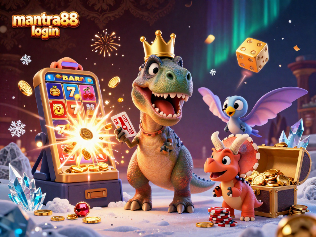 Experience thrilling gaming with mantra88 login featuring a cartoon T-Rex shuffling cards amidst jackpot excitement.