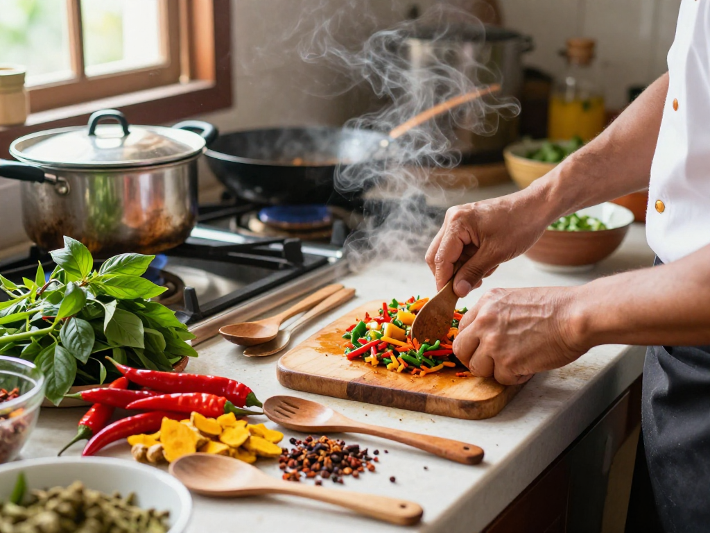 Situs epictoto dan hidangan tradisional Indonesia yang sedang disiapkan di dapur yang ceria.