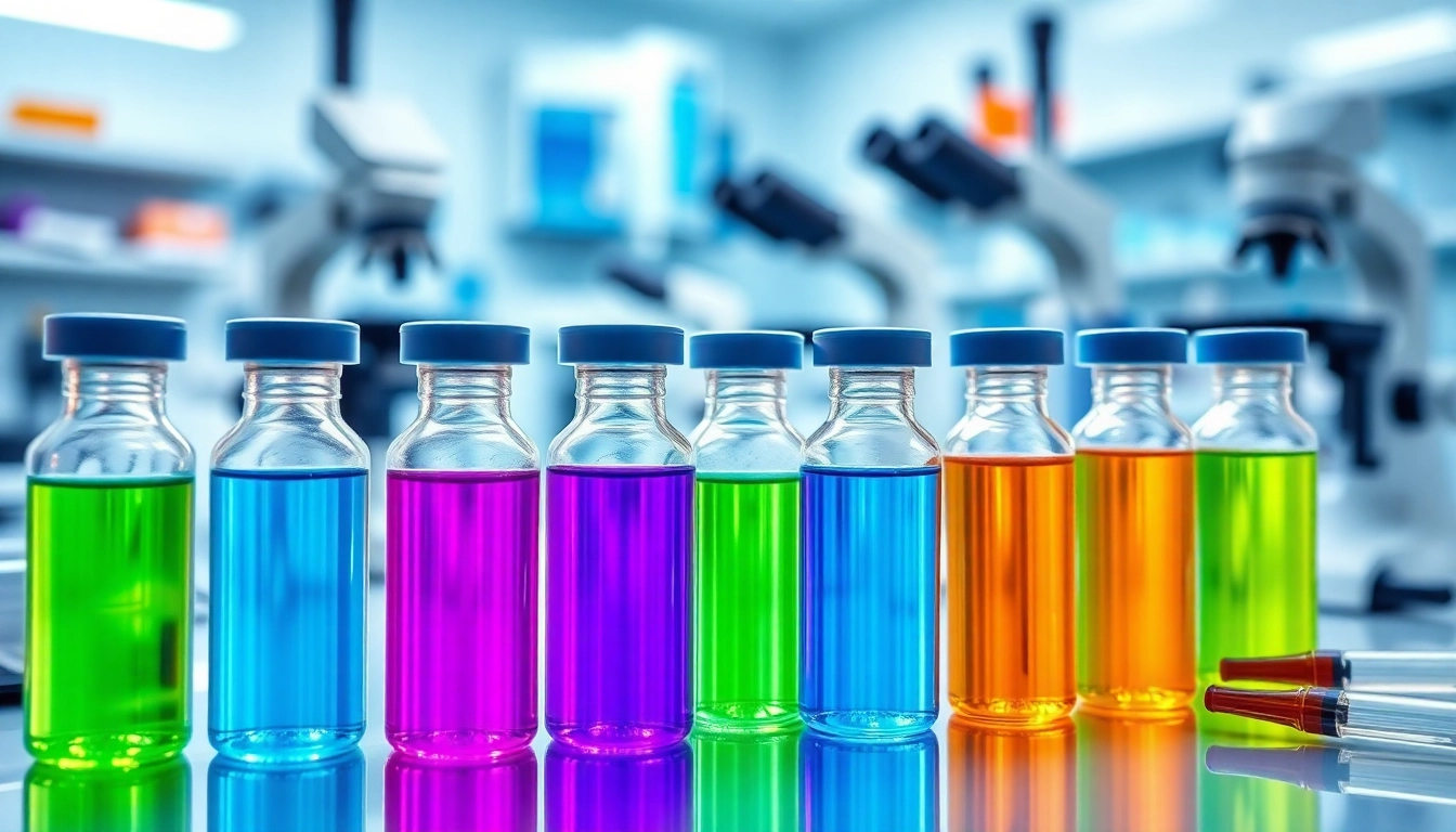 Buy glow peptide online: scientific laboratory with colorful peptide solutions.