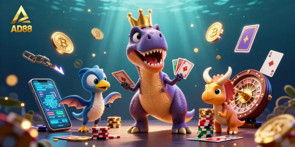 Experience the excitement of AD88 gaming with fun characters and casino elements in a vibrant scene.