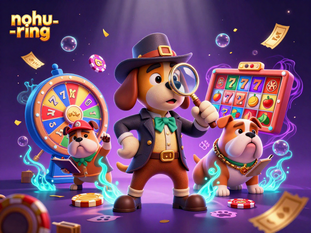 Experience big wins with nohu-ring in a vibrant, action-packed casino illustration featuring slots and detectives.