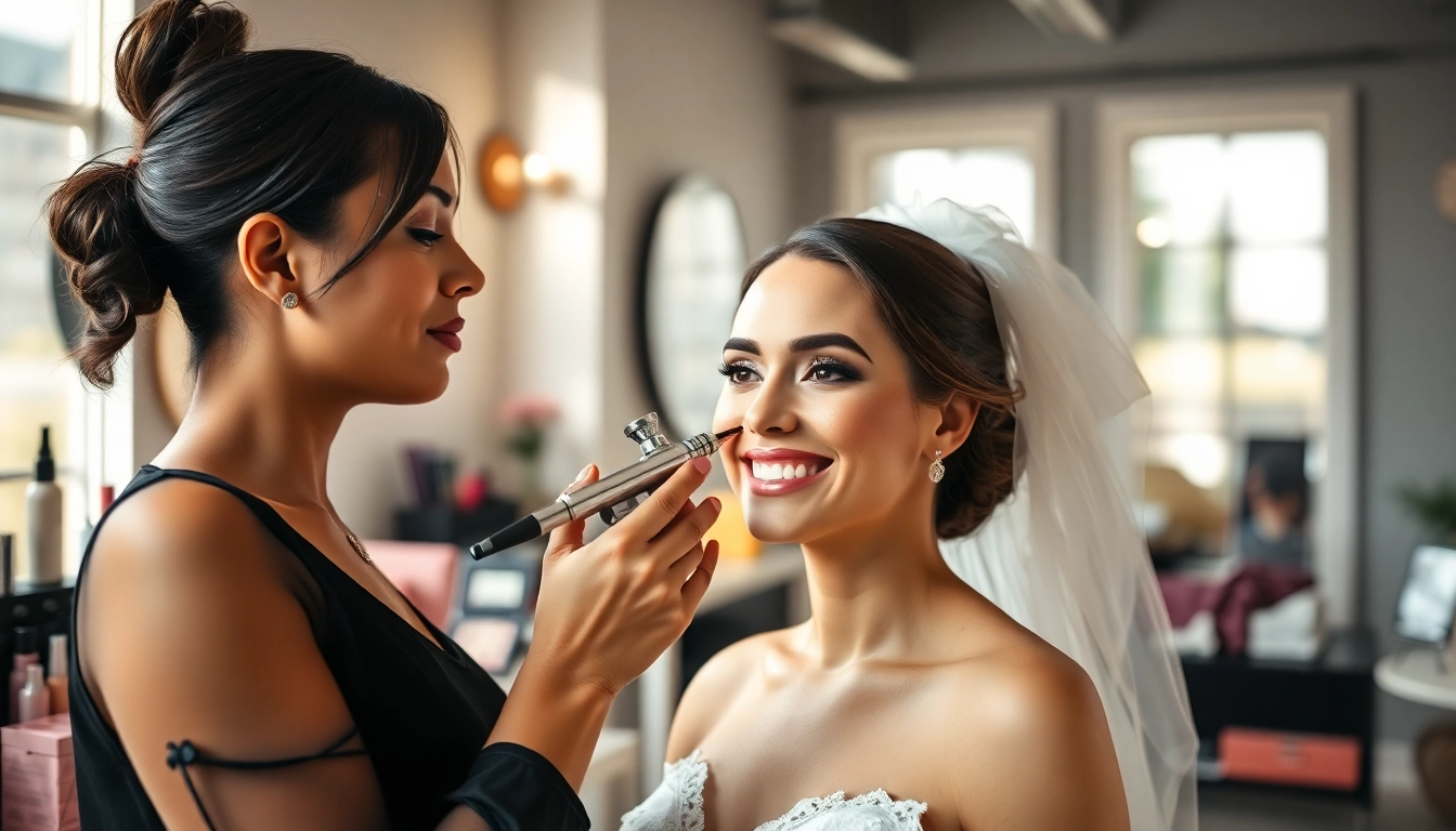 Airbrush makeup artist Dallas applying flawless makeup to a bride in a vibrant studio.