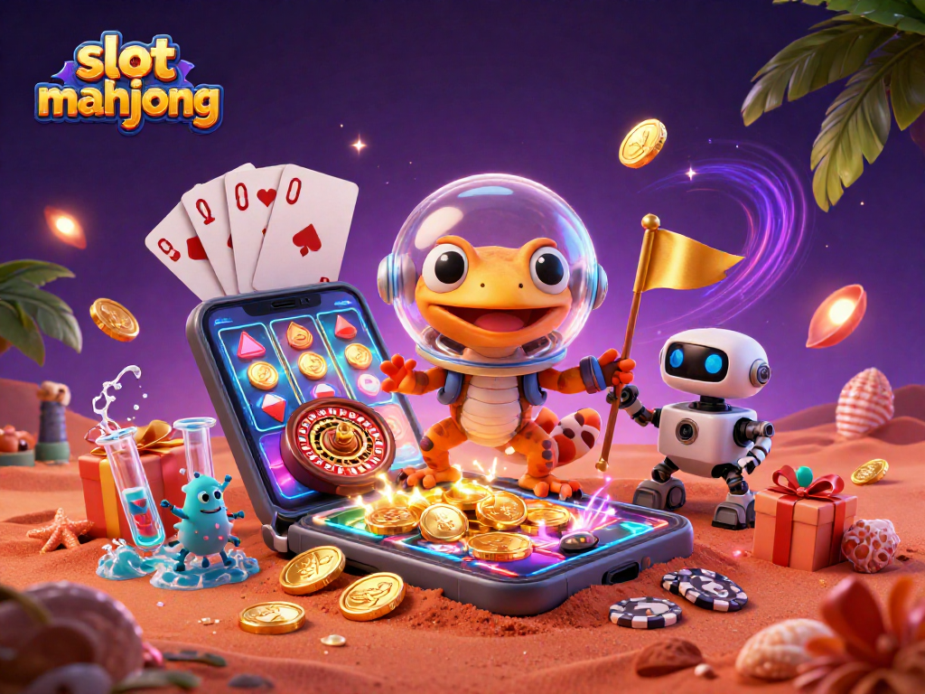 Spin colorful slot mahjong reels amidst cosmic elements and vibrant characters in a lively casino scene.