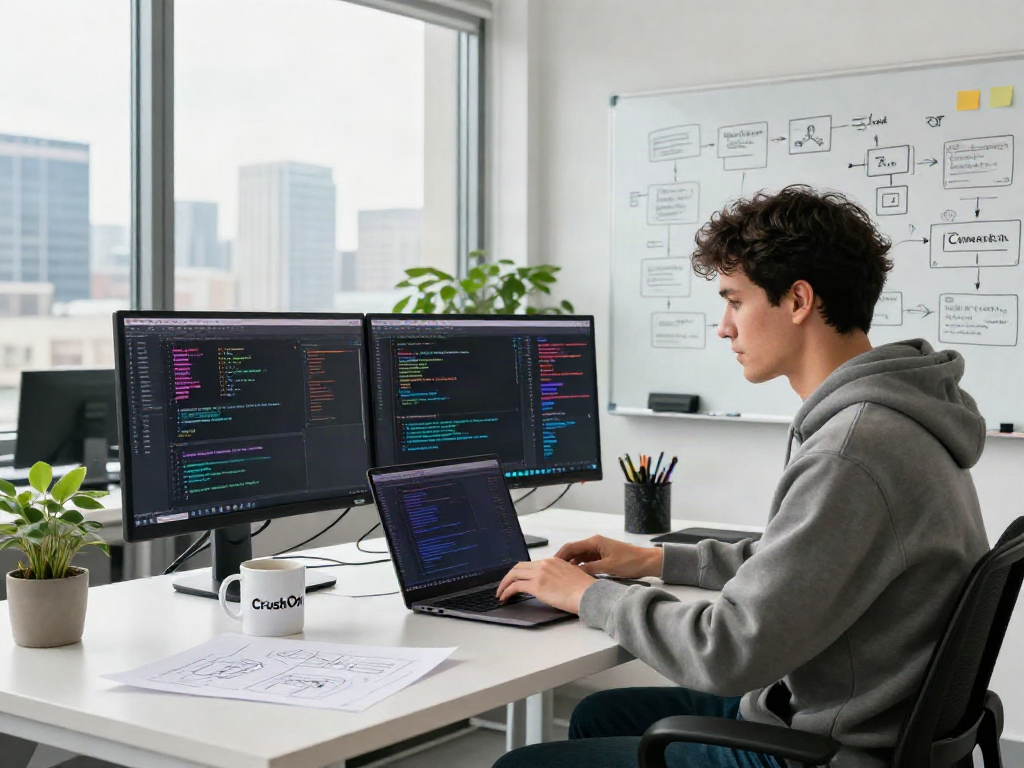 Workspace of a software engineer developing CrushOn applications in a modern office with tech elements.