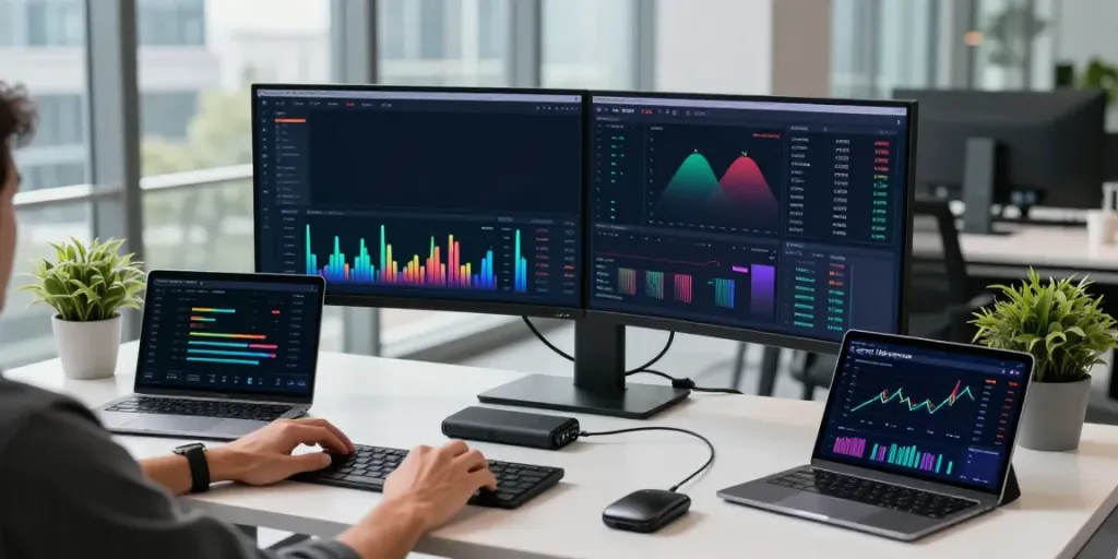 Connect to HKEX market data in a professional cryptocurrency trading setup featuring multiple screens and real-time analytics.