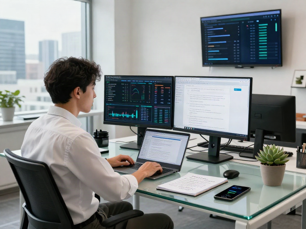 Document fraud detection software analysis in a professional fintech workspace with dual monitors and vibrant analytics.