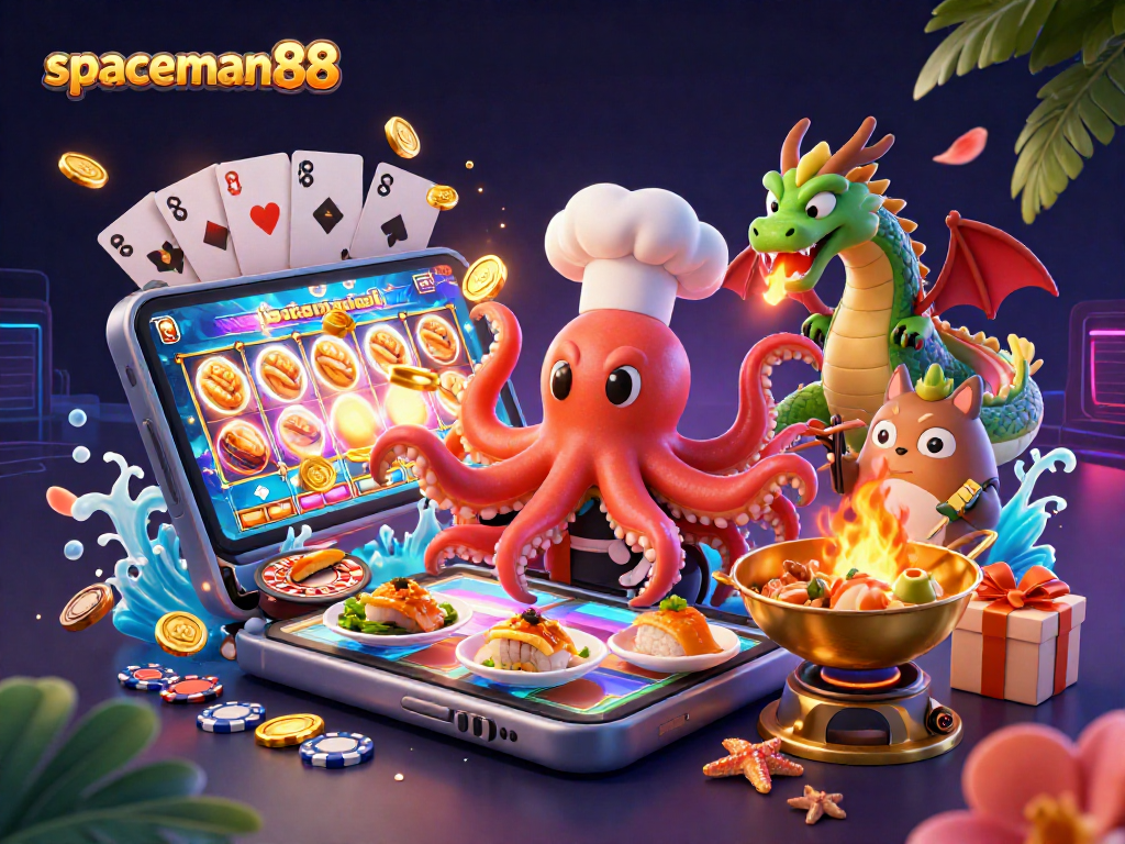 Engage with spaceman88 in a vibrant casino illustration showcasing dynamic slot gameplay elements.