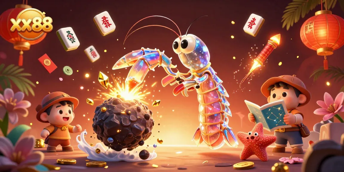 Action-packed scene of the galactic samurai mantis shrimp in crystalline armor and starfish at xx 88, revealing golden gems and coins.