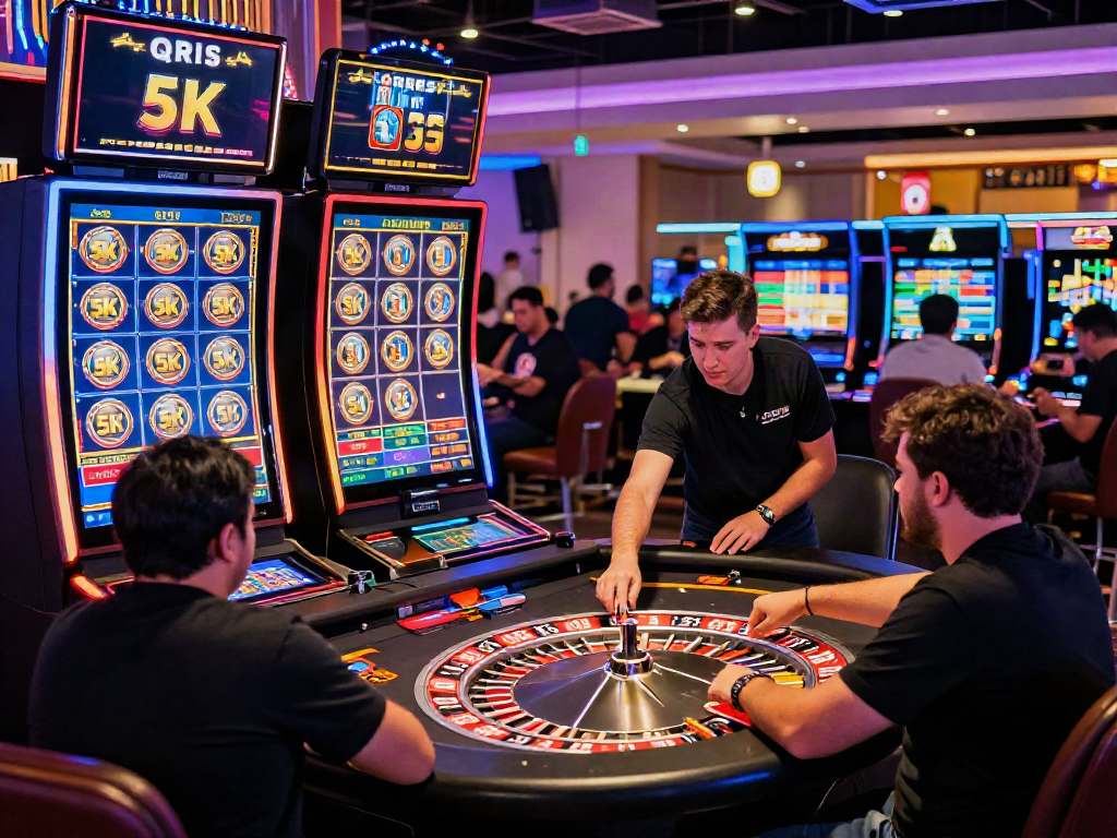 Players engaging with slot qris 5k interactive gaming stations in a vibrant digital casino atmosphere.