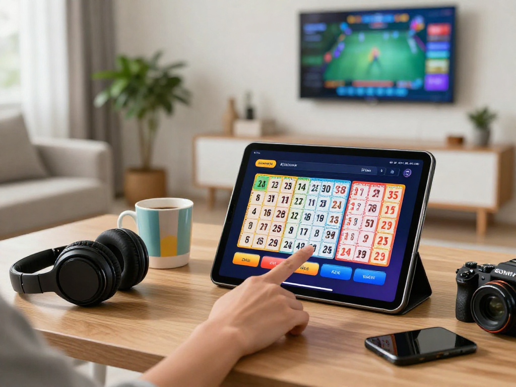 Dewatogel user engaging with an online lottery platform in a modern living space.