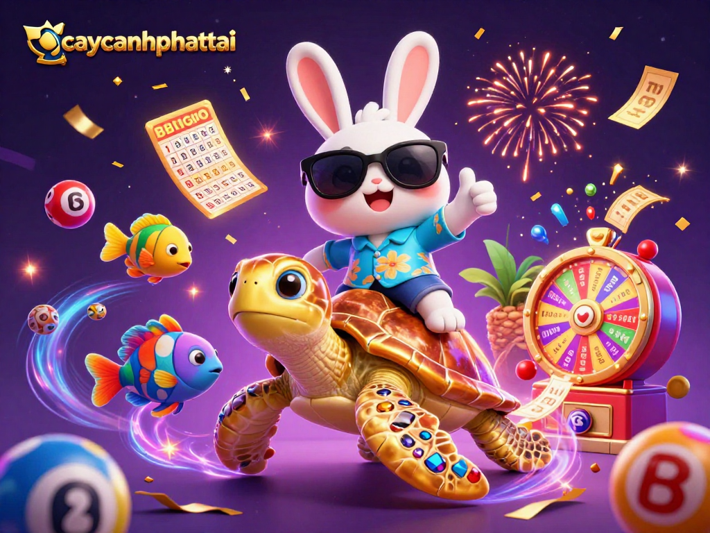 Watch the adorable 3D cartoon lucky rabbit celebrate big wins in caycanhphattai with vibrant game elements