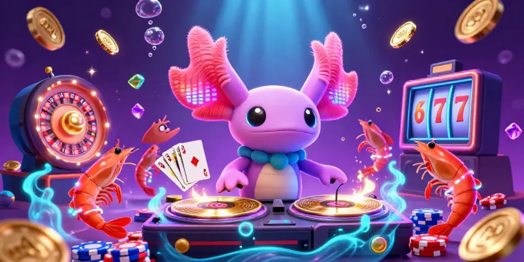 Bermain slot di kasino dengan karakter 3D neon warna-warni dan elemen kasino yang menakjubkan.