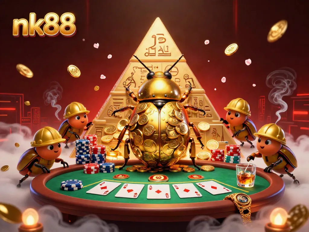 Experience nk88's thrilling golden casino adventure featuring cartoon beetles and poker elements.