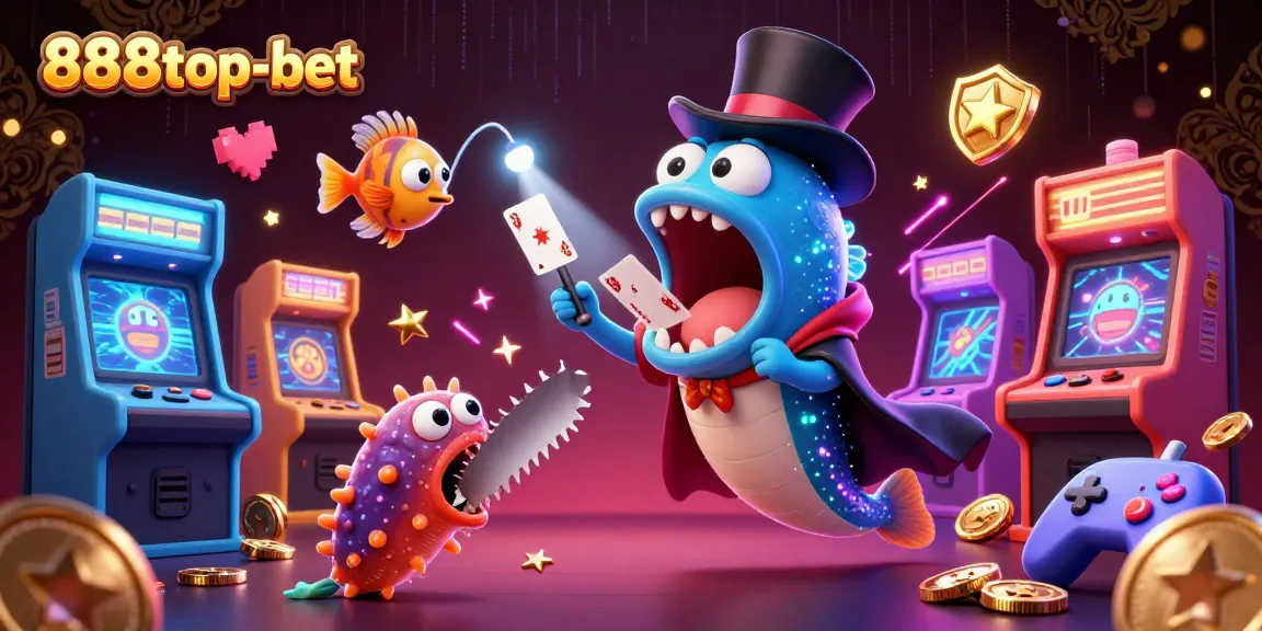 Engage in thrilling games at 888top-bet with vibrant characters showcasing card tricks and casino elements
