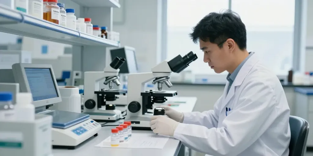 Researcher analyzing Swiss Chems peptides in a professional lab environment, showcasing precision and quality.